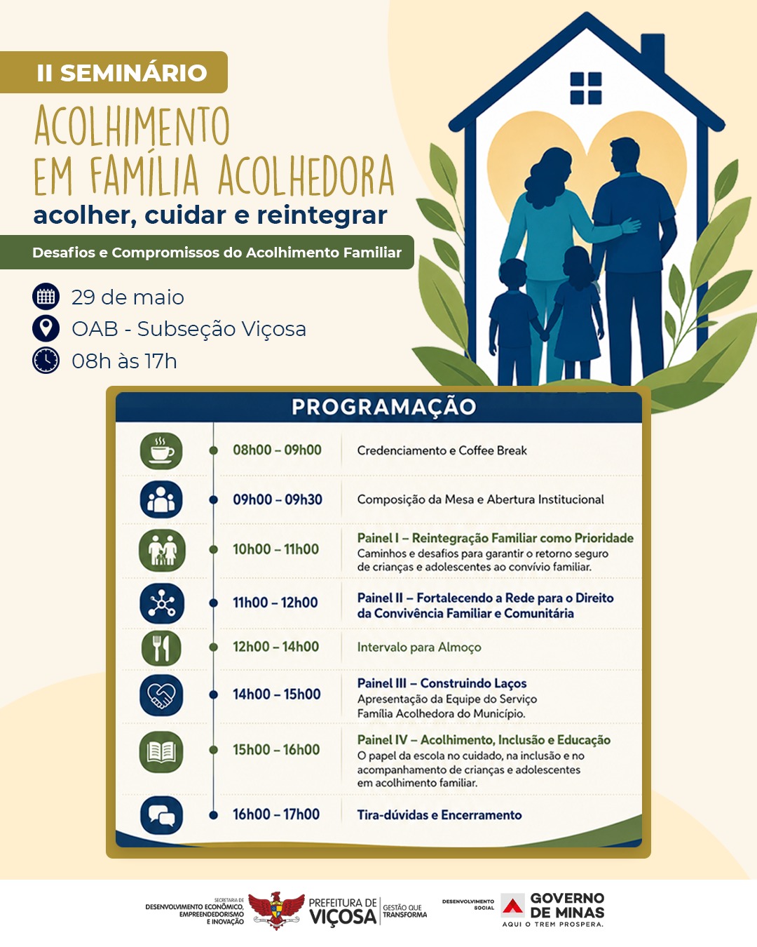 Seminário sobre Família Acolhedora reúne profissionais em Viçosa no dia 29 de maio