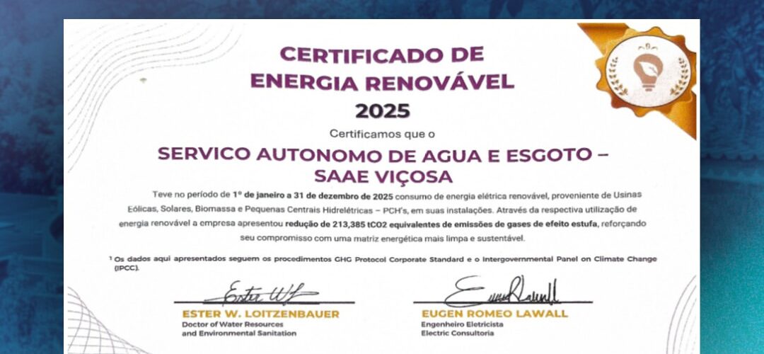 SAAE de Viçosa recebe certificado por uso de energia renovável em 2025