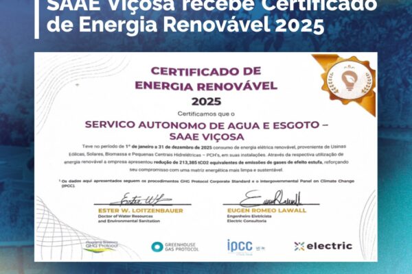 SAAE de Viçosa recebe certificado por uso de energia renovável em 2025