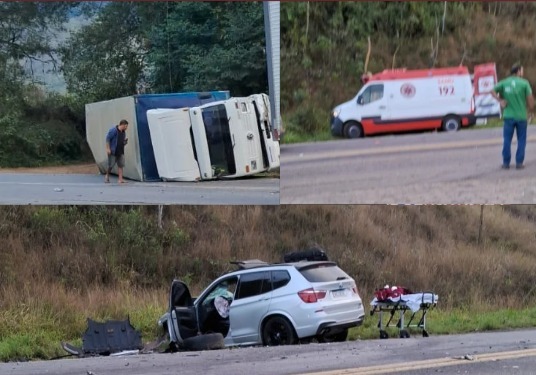 Caminhão capota após acidente com quatro veículos na MG-133 entre Rio Pomba e Tabuleiro