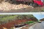 Caminhão carregado de abóboras tomba em ribanceira na BR-116, em Muriaé